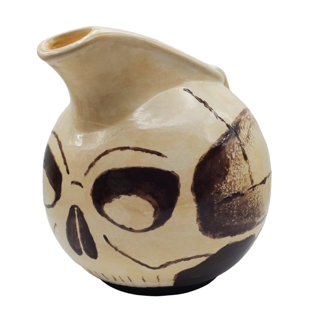 Skull Face Ceramic Pitcher Ball Jug Skeleton MCM Gothic Pottery Odd Abstract Vtg